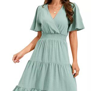 Women's Wrap V Neck Midi Dress Long Sleeve Smocked Waist Tiered A Line Pleated
